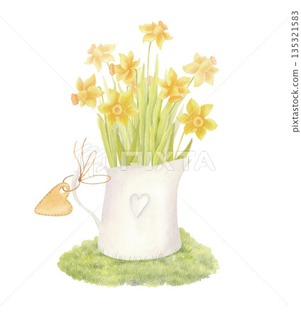 Watercolor bouquet of yellow daffodils in vintage vase with tag isolated on white. Retro jug with spring garden flowers clipart. Watercolor bouquet of yellow daffodils in vintage vase with tag isolated on white. Retro jug with spring garden flowers clipart. 135321583