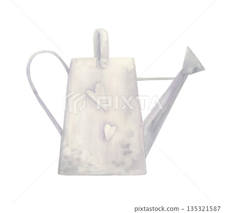 Watercolor watering can clipart with heart details. Gardening tool in vintage style with decorative hearts isolated on white. 135321587
