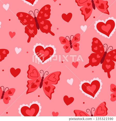 Seamless pattern with butterflies and hearts. Vector graphics. Seamless pattern with butterflies and hearts. Vector graphics. 135321590