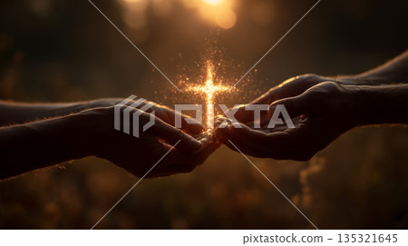 Hands sharing glowing cross of light symbolizing faith, hope and spiritual connection at sunset 135321645