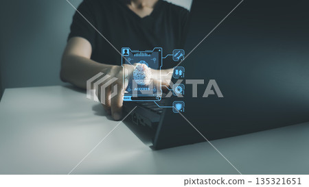 Fingerprint scanner to access information, verify to authentication, touching screen to login security, Internet of things, cloud computing, Internet connection, shopping online and cashless society 135321651