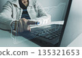 Fingerprint scanner to access information, verify to authentication, touching screen to login security, Internet of things, cloud computing, Internet connection, shopping online and cashless society 135321653