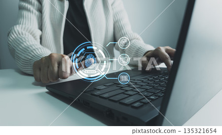 Fingerprint scanner to access information, verify to authentication, touching screen to login security, Internet of things, cloud computing, Internet connection, shopping online and cashless society Fingerprint scanner to access information, verify to authentication, touching screen to login security, Internet of things, cloud computing, Internet connection, shopping online and cashless society 135321654
