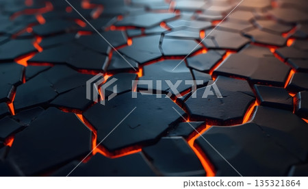 Futuristic Abstract Hexagonal Surface With Glowing Orange Cracks 135321864