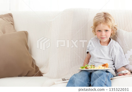 Boy holding remote control and eating salad pasta bread on sofa in living room, copy space Boy holding remote control and eating salad pasta bread on sofa in living room, copy space 135322031
