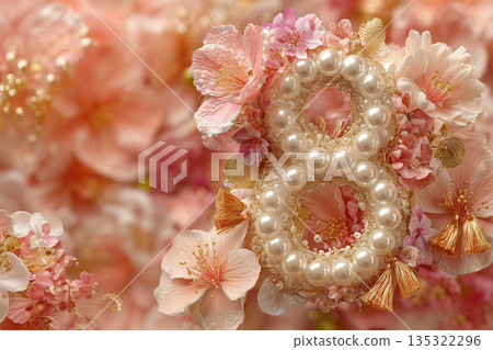 Decorative floral arrangement with number 8 made from pearls and surrounded by pink flowers and tassels Decorative floral arrangement with number 8 made from pearls and surrounded by pink flowers and tassels 135322296