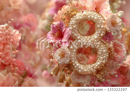 Celebration of an eighth birthday with a floral arrangement and decorative number Celebration of an eighth birthday with a floral arrangement and decorative number 135322297