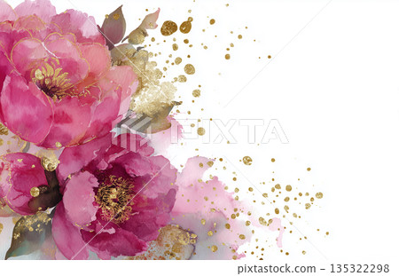 Bright pink flowers with gold accents sit on a white background showing beauty in nature and art 135322298