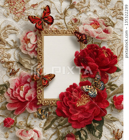 Decorative frame with red flowers and butterflies on embroidered fabric background displaying natural beauty and craft 135322299
