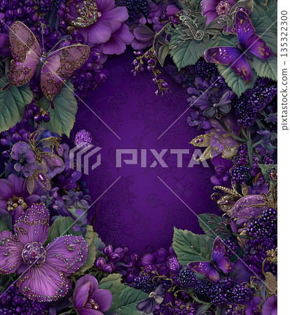 Colorful butterflies and flowers frame a purple background in a nature-inspired design for art or decoration 135322300