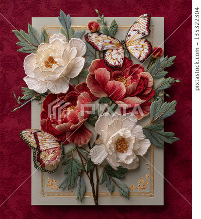 Detailed embroidery of flowers and butterflies displayed on a flat surface with a dark background 135322304
