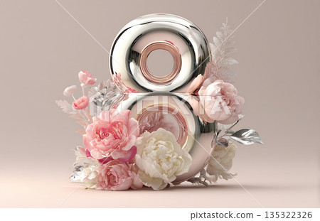 Number eight made of metal surrounded by pink and white flowers with a plain background 135322326
