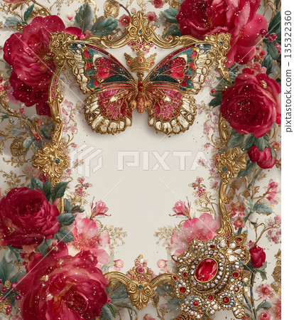 Colorful butterfly with flowers and ornate frame on a decorative background 135322360