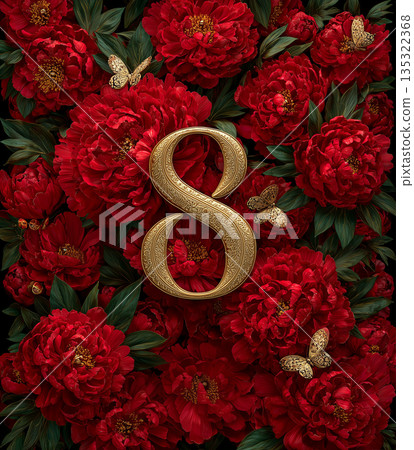 Decorative eight surrounded by red flowers and butterflies on a flat surface for celebration or event decoration 135322368