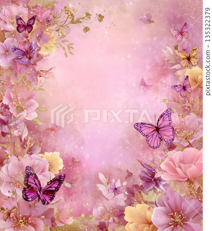 Colorful butterflies and flowers in a bright pink background with various pink shades and gold accents 135322379