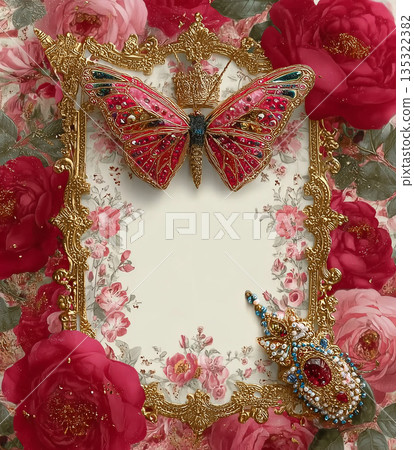 Colorful butterfly and ornate frame with flowers on a decorative background in a craft setting Colorful butterfly and ornate frame with flowers on a decorative background in a craft setting 135322382