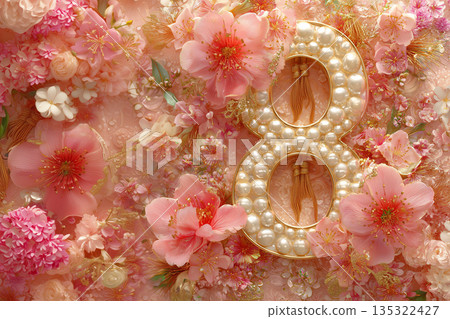 Decorative arrangement of flowers and a large number 8 made of pearls on a light background for celebration Decorative arrangement of flowers and a large number 8 made of pearls on a light background for celebration 135322427