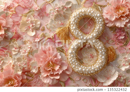 Ornate number eight surrounded by flowers on a decorative background in a celebration setting 135322432