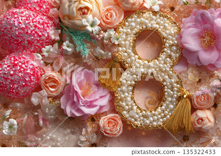 Decorative birthday number eight surrounded by flowers and colorful balls on a light surface 135322433