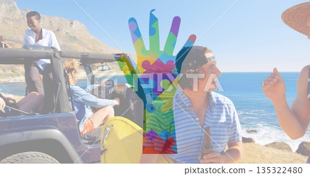 Posing five friends wearing straw hat holding yellow surfboard and bottle at coastal overlook jeep 135322480
