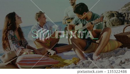 Four friends strumming guitar, drumming bongo and chatting on sandy shore, with picnic basket Four friends strumming guitar, drumming bongo and chatting on sandy shore, with picnic basket 135322486