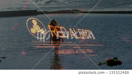 Walking woman in dark swimsuit wading in shallow coastal inlet, with RED ALERT graphic overlay Walking woman in dark swimsuit wading in shallow coastal inlet, with RED ALERT graphic overlay 135322488