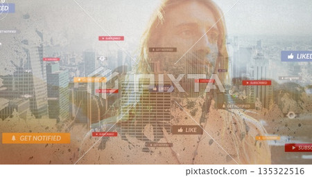 Blending adult male wearing plain shirt into urban skyline, with subscribe and notification icons 135322516