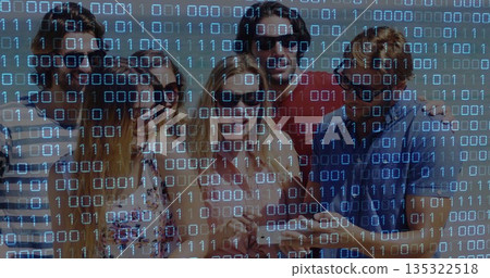 Gathering friends wearing sunglasses sharing smartphone in outdoor area, with binary code overlay Gathering friends wearing sunglasses sharing smartphone in outdoor area, with binary code overlay 135322518