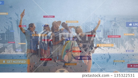 Posing group of five friends with sunglasses taking selfie on beach with smartphones, social icons Posing group of five friends with sunglasses taking selfie on beach with smartphones, social icons 135322531