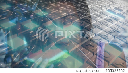 Biting woman in purple top in double exposure with keyboard keys, glowing aqua squares, melon slice Biting woman in purple top in double exposure with keyboard keys, glowing aqua squares, melon slice 135322532