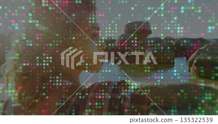 Leaning woman wearing jacket gazing at boulders in calm sea shore, with digital grid, copy space 135322539