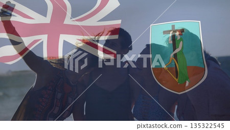 Taking selfie five female friends leaning toward phone sandy beach at dusk, with Union flag overlay Taking selfie five female friends leaning toward phone sandy beach at dusk, with Union flag overlay 135322545