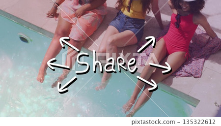 Sitting three women in swimsuits dipping legs in pool at patio, with towel, Share overlay Sitting three women in swimsuits dipping legs in pool at patio, with towel, Share overlay 135322612