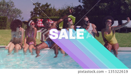 Sitting six friends dipping feet in backyard pool, with swimwear smartphone table lounge chairs 135322619
