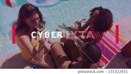 Relaxing group of three women sipping wine at poolside, with stemmed glasses, ring and beach ball Relaxing group of three women sipping wine at poolside, with stemmed glasses, ring and beach ball 135322631