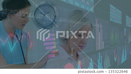 Listening clinician placing stethoscope on patient back in clinic, with digital chart overlays Listening clinician placing stethoscope on patient back in clinic, with digital chart overlays 135322646