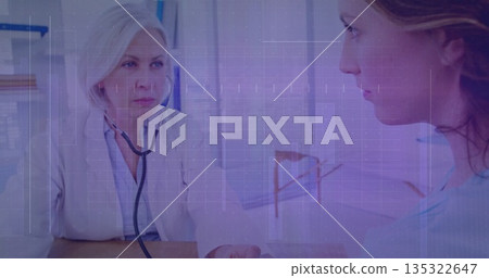 Discussing senior physician consulting adult patient in clinic room, with stethoscope and charts Discussing senior physician consulting adult patient in clinic room, with stethoscope and charts 135322647