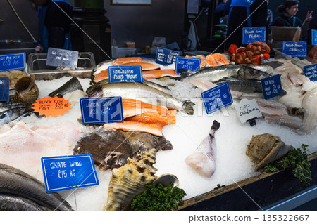 Fresh Seafood Display on Ice at Borough Market, London, UK 135322667