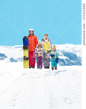 Cheerful poster winter family with snowboard posing together Cheerful poster winter family with snowboard posing together 135322668