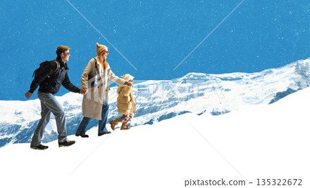 Lifestyle composition family hiking together in snowy mountains. Lifestyle composition family hiking together in snowy mountains. 135322672