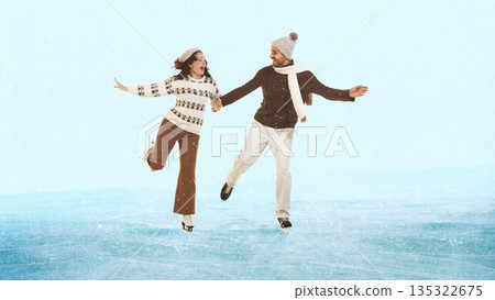 Romantic artwork couple ice skating together on frozen lake Romantic artwork couple ice skating together on frozen lake 135322675