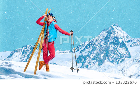 Playful composition joyful woman posing with vintage skis in alpine snow 135322676