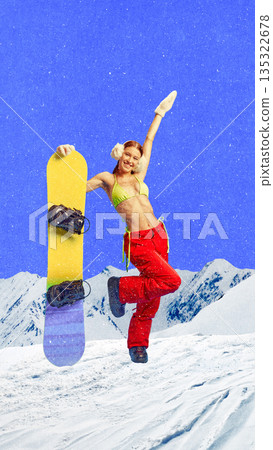 Dynamic poster of joyful woman jumping with snowboard in winter mountains 135322678