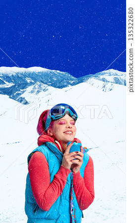 Cozy artwork of smiling girl holding hot drink in snowy mountains. Cozy artwork of smiling girl holding hot drink in snowy mountains. 135322680