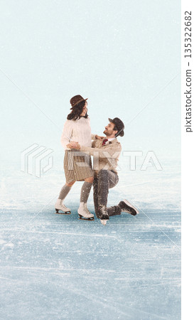 Romantic mixed media of couple ice skating with proposal gesture on frozen rink. Romantic mixed media of couple ice skating with proposal gesture on frozen rink. 135322682
