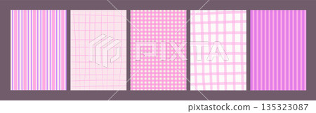 Retro whimsical backgrounds set with hand-drawn stripes, checks and gingham. Cute pastel textures for coquette stationery, scrapbooking, textile, fabric, packaging, wrapping. Flat vector illustration. Retro whimsical backgrounds set with hand-drawn stripes, checks and gingham. Cute pastel textures for coquette stationery, scrapbooking, textile, fabric, packaging, wrapping. Flat vector illustration. 135323087