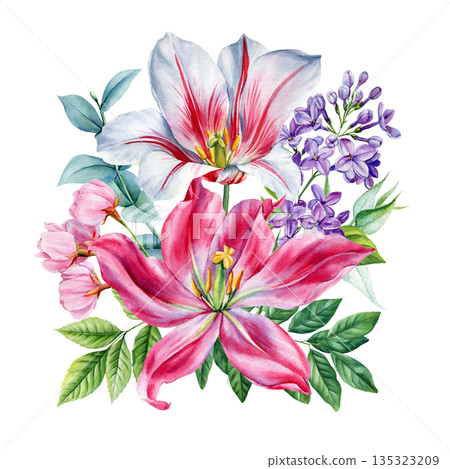 Lily bouquet watercolor pink and white lilies with lilac blossoms and eucalyptus leaves spring floral arrangement on white Lily bouquet watercolor pink and white lilies with lilac blossoms and eucalyptus leaves spring floral arrangement on white 135323209