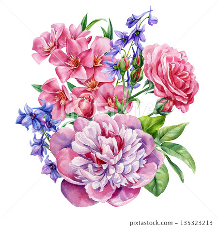 Peony rose bouquet watercolor pink floral arrangement with blue delphinium and green leaves isolated on white Peony rose bouquet watercolor pink floral arrangement with blue delphinium and green leaves isolated on white 135323213