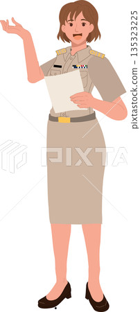 woman civil servant in thai official uniform standing and explaining information 135323225