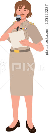government official female officer speaking with microphone in formal uniform illustration 135323227